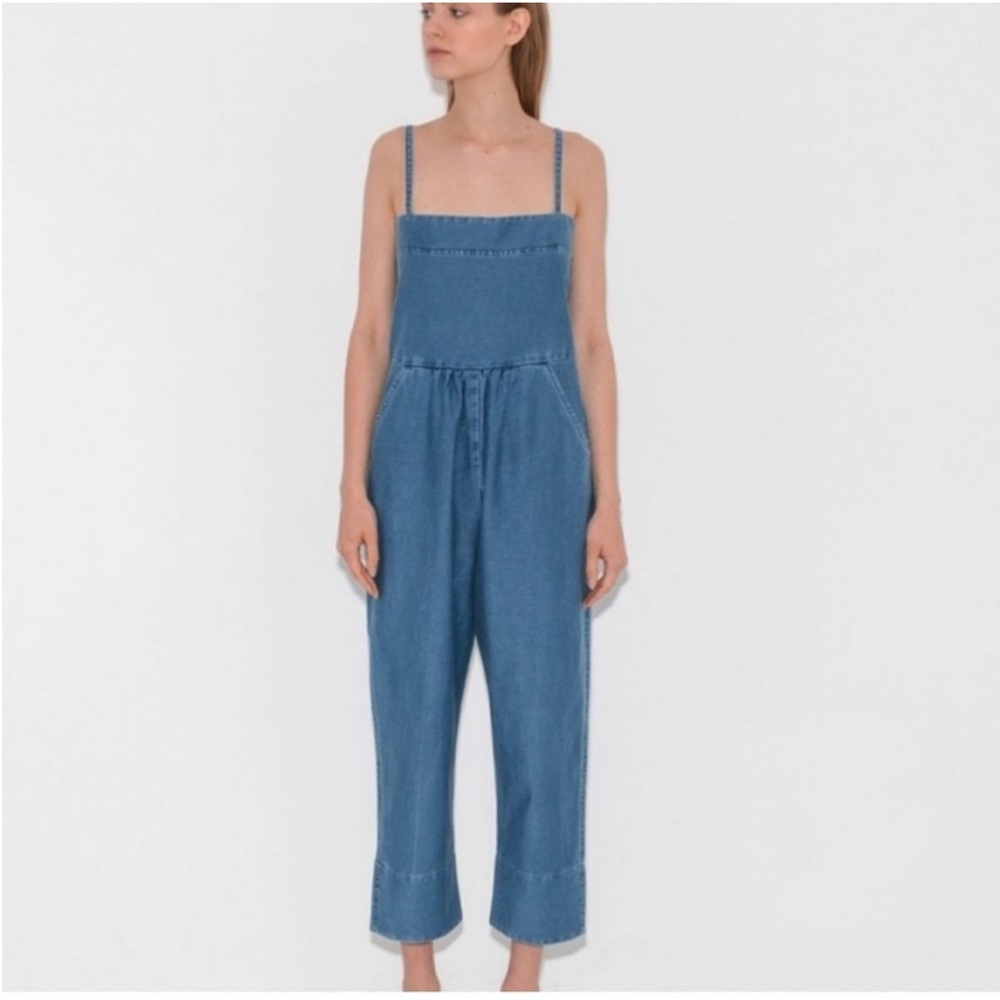 Caron Callahan Bethany Square Neck Sleeveless Denim Jumpsuit Blue LIKE NEW